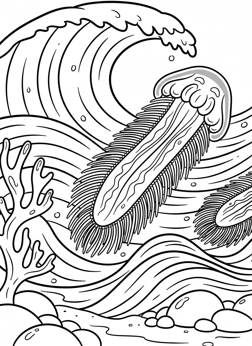 A detailed comb jelly with symmetrical rows of cilia along its transparent body, shown from the side view with gentle wave patterns in the background.