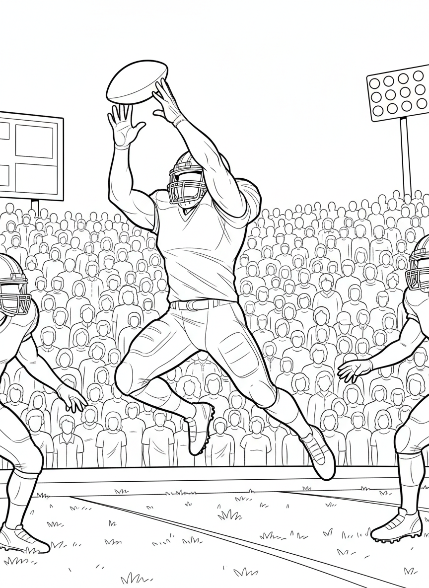 A football player jumping high to catch a football in mid-air, with a crowded stadium in the background, simple line art for coloring.