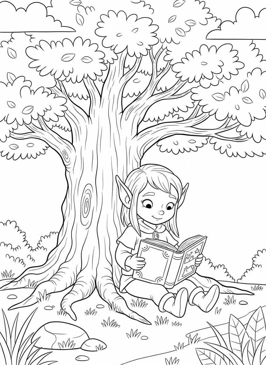 An adorable elf-like character with long ears reading a big storybook under a tree, peaceful scene coloring page