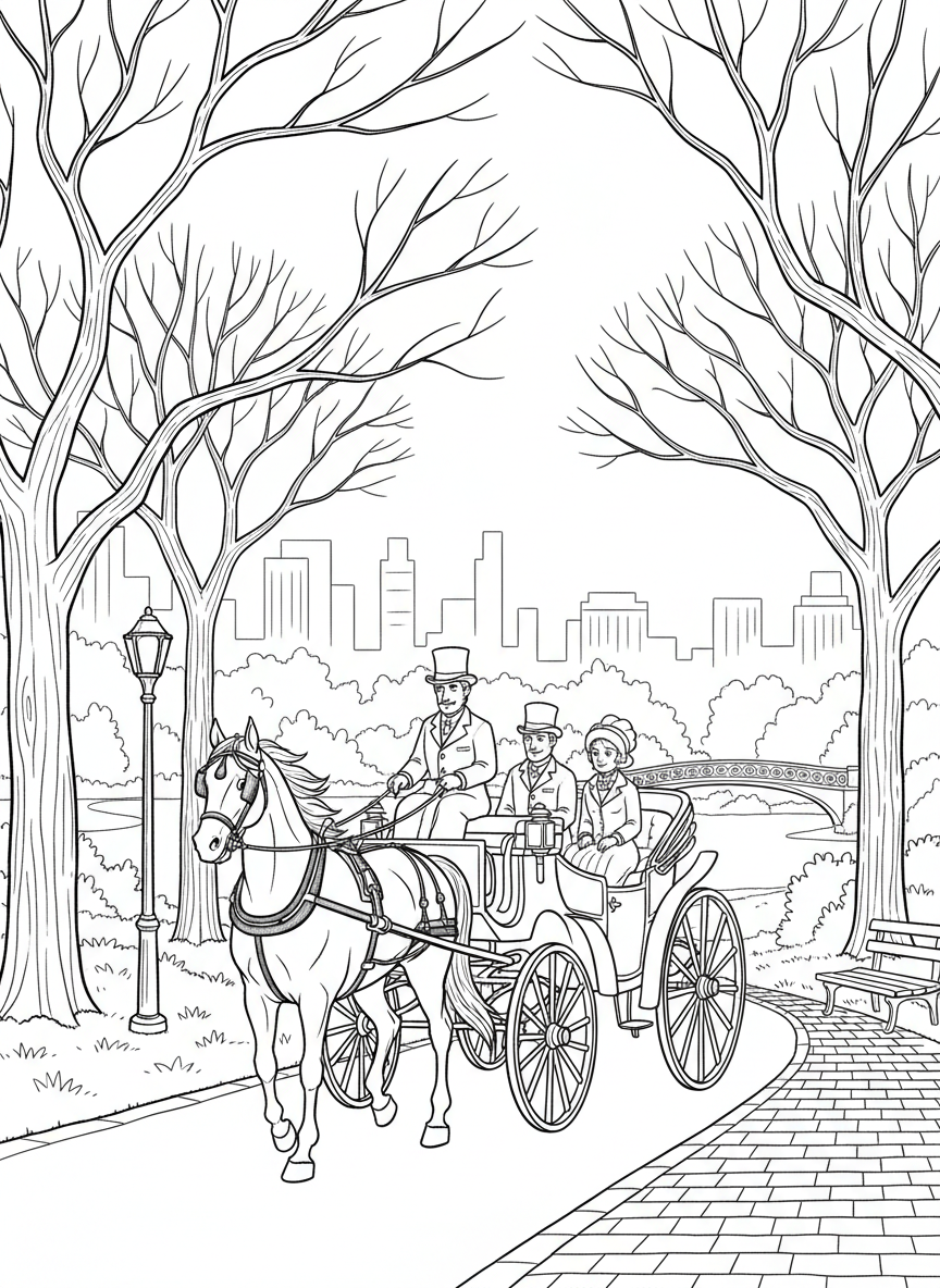 A horse-drawn carriage ride through Central Park with driver and passengers, trees lining the path, romantic city experience.