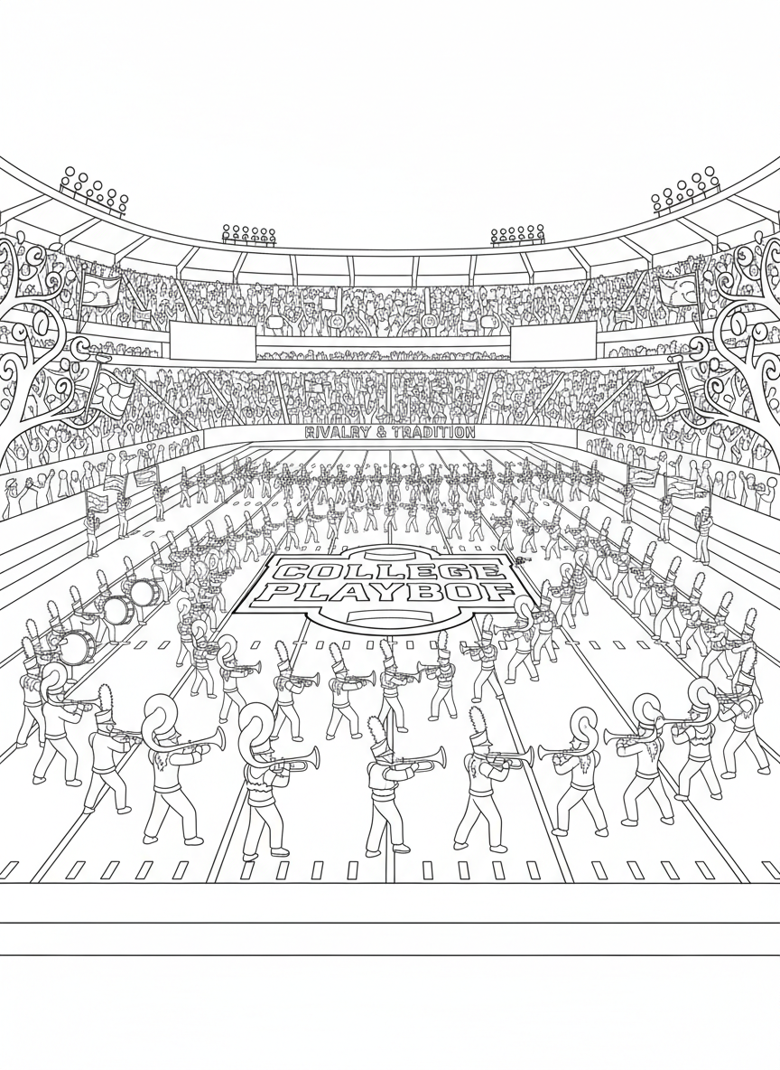 College Football Playoff coloring page prompts capturing tradition, rivalry, pageantry, and high-stakes championship football moments.	A halftime performance with the marching band forming intricate patterns on the field, brass instruments gleaming as fans cheer rhythmically.