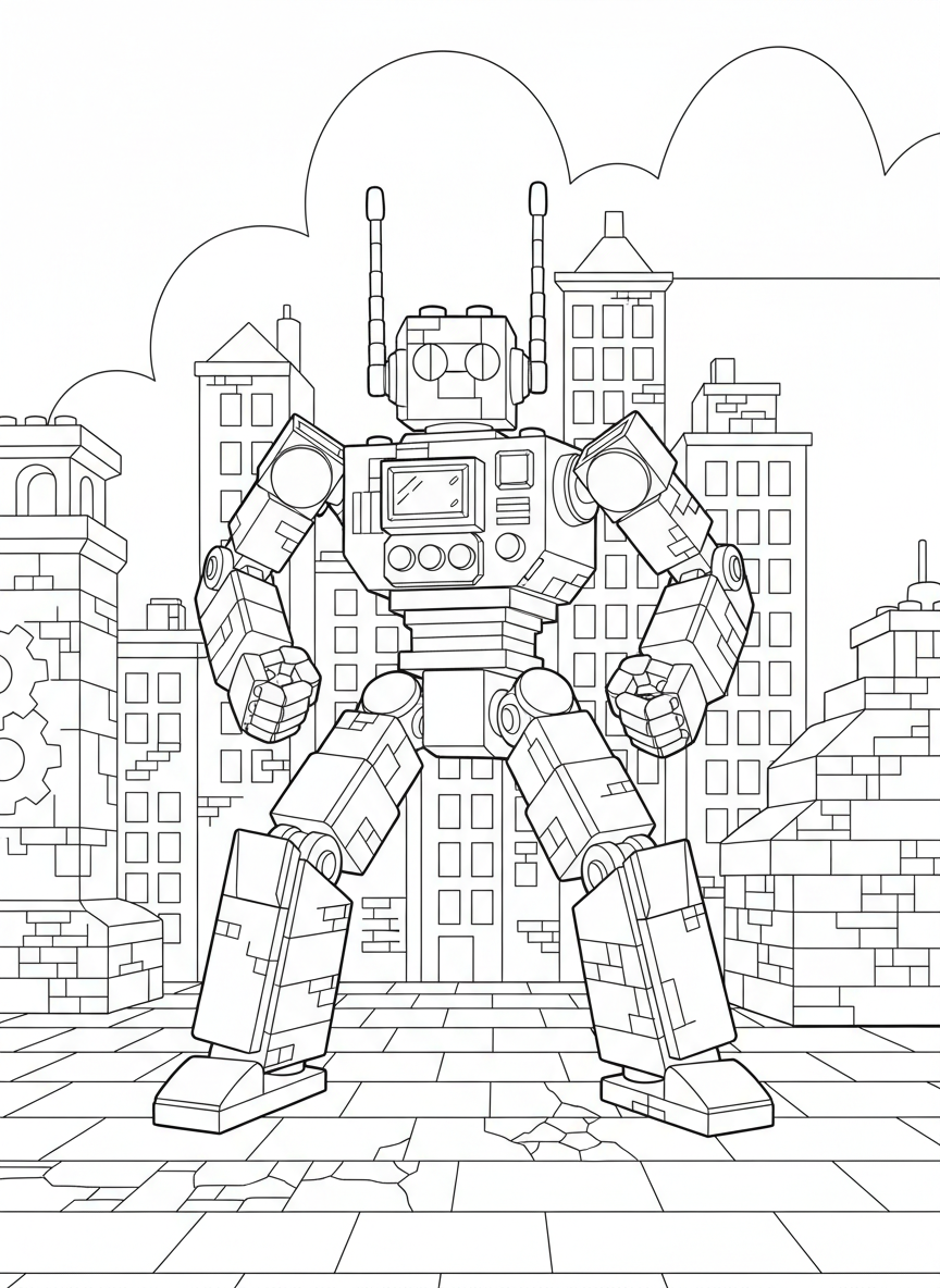 A toy brick robot with articulated arms, antenna, and a control panel on its chest, standing in a power pose.