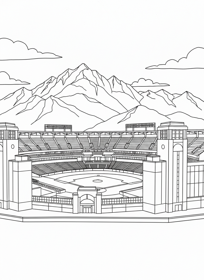 Coors Field baseball stadium exterior with the Rocky Mountains rising behind it, baseball diamond visible, sports-themed coloring page.