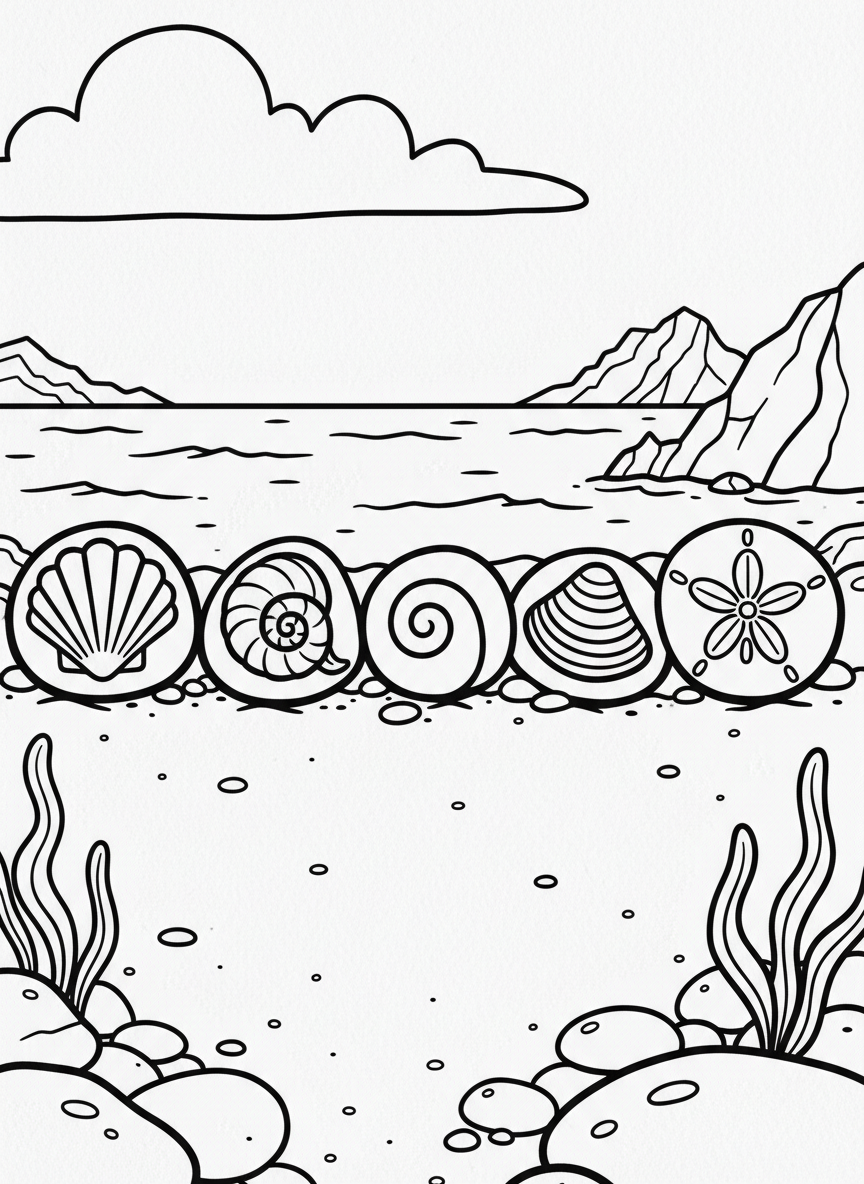 Five small pebbles arranged in a row, each decorated with a different shell design: scallop, conch, spiral, clam, and sand dollar
