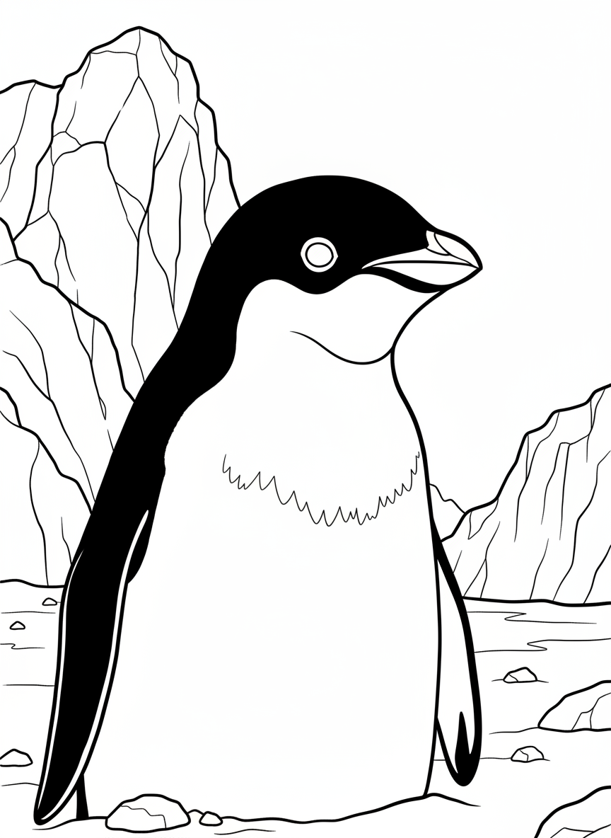 A close-up portrait of an Adelie penguin with its distinctive white eye ring, showing detailed feather patterns for older kids.