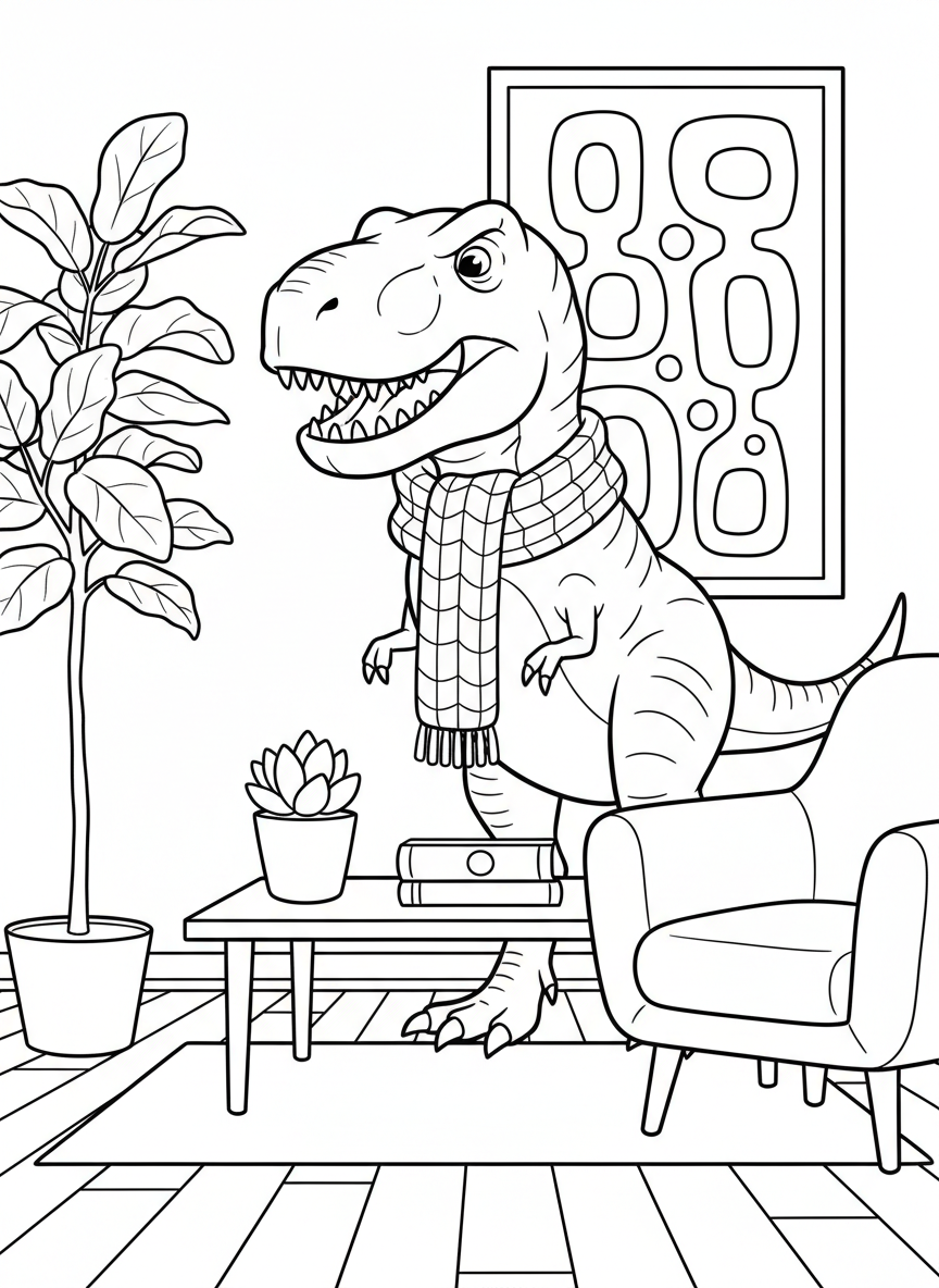 A friendly T-Rex wearing a cozy knit scarf, standing in a living room with potted plants and a modern armchair, simple line art for coloring.