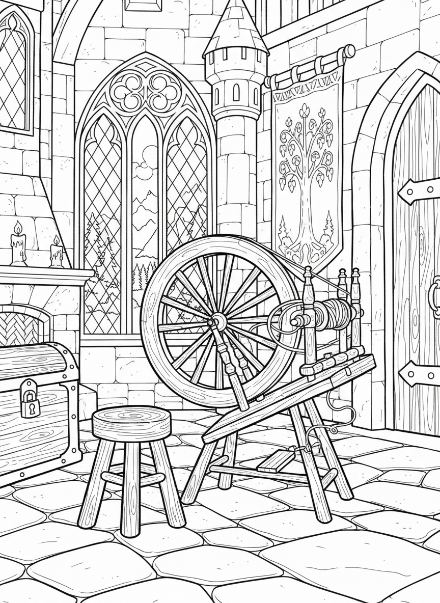 A spinning wheel with golden thread and a simple stool in a castle room, fairy tale coloring page