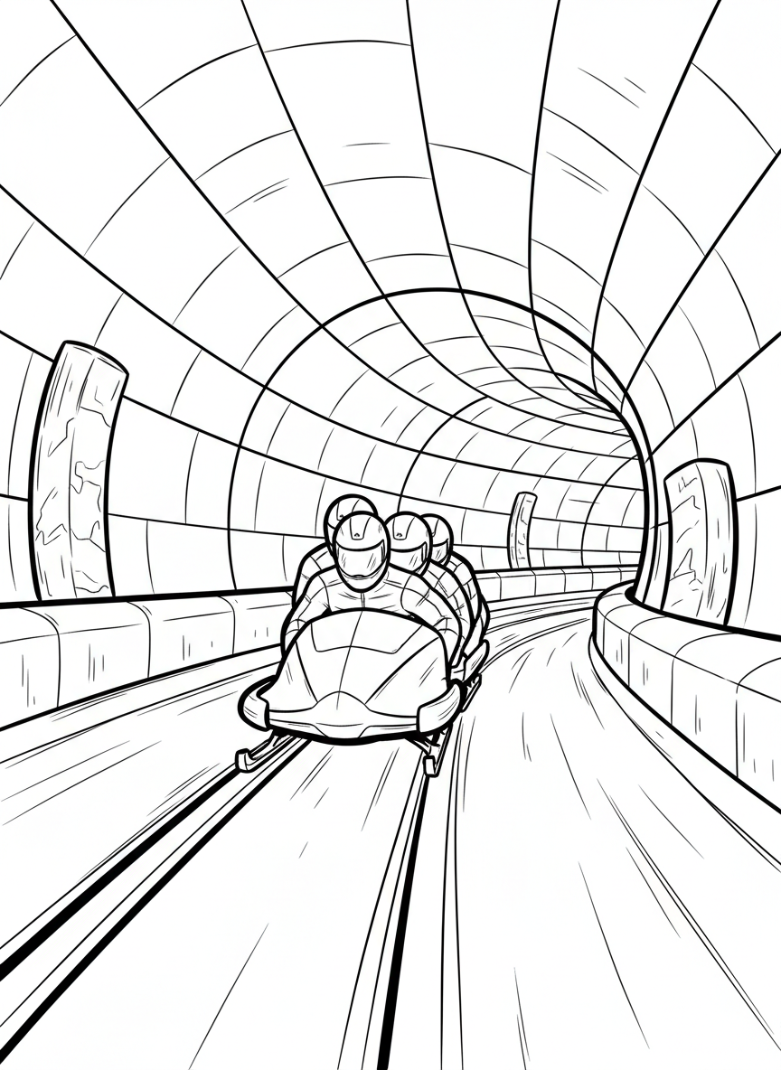 A bobsled team of four athletes racing down an icy track inside a curved tunnel, leaning together in their streamlined sled.