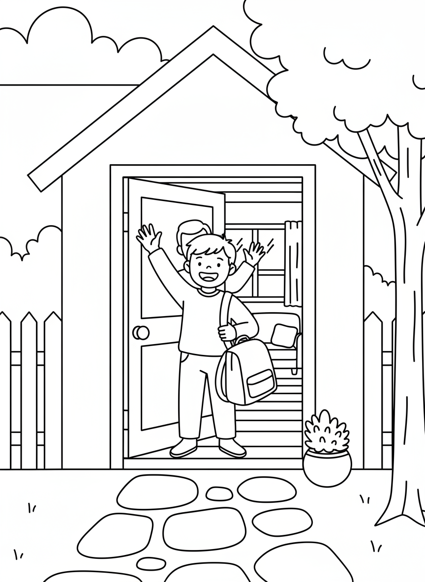 A child waving goodbye at the front door while holding a backpack, parent figure in background, simple house interior, clean bold outlines, clear silhouettes, no text, no logos