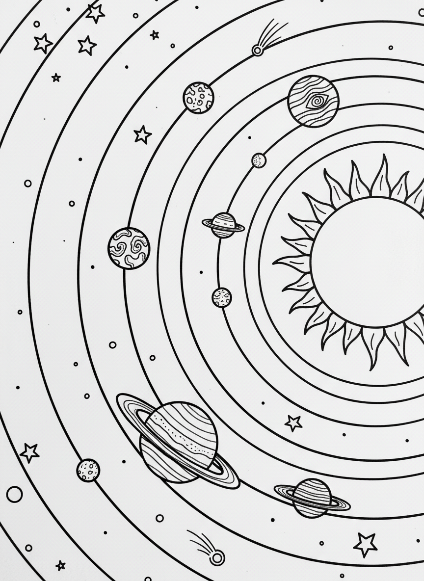 The solar system showing all eight planets orbiting around the sun in a circular pattern, simple and educational