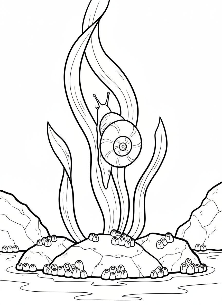 A periwinkle snail climbing up kelp strands with barnacles on nearby rocks and gentle water ripples below.