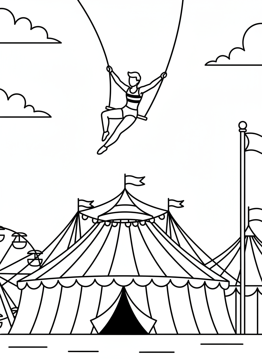 An acrobat swinging on a trapeze bar high in the air with arms outstretched and circus tent below.