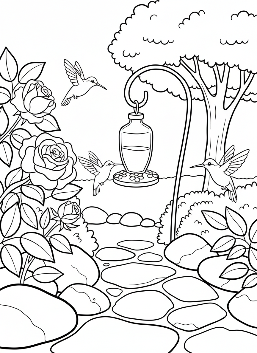 Garden pathway with a hummingbird feeder in the foreground and several hummingbirds flying among rose bushes and garden stones
