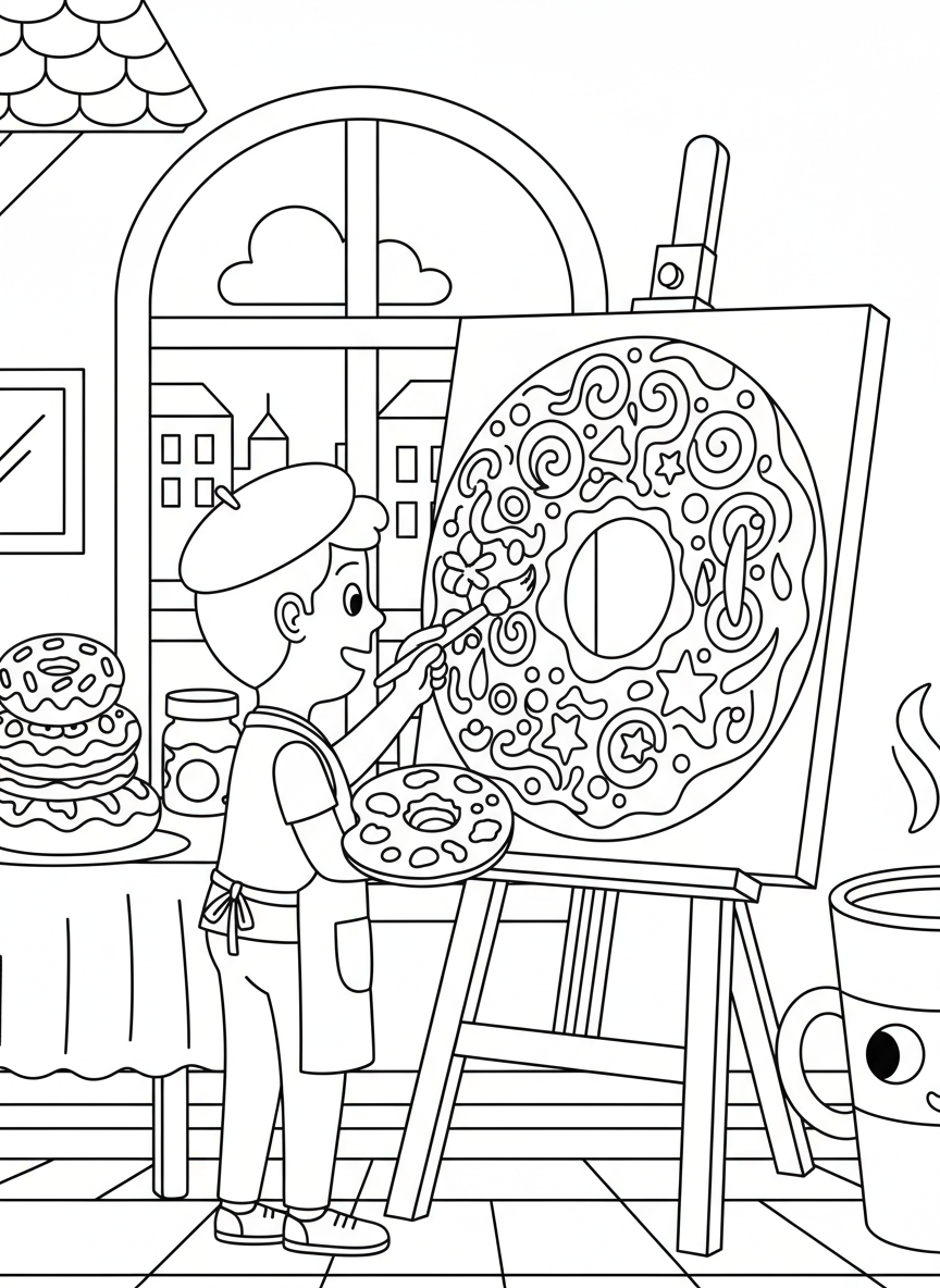 A donut artist painting on an easel with a palette and brush, creating a colorful masterpiece, beret on head