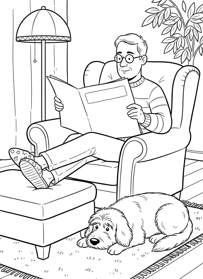 A dad wearing glasses reading a newspaper in a comfortable chair with slippers on his feet and a dog beside him