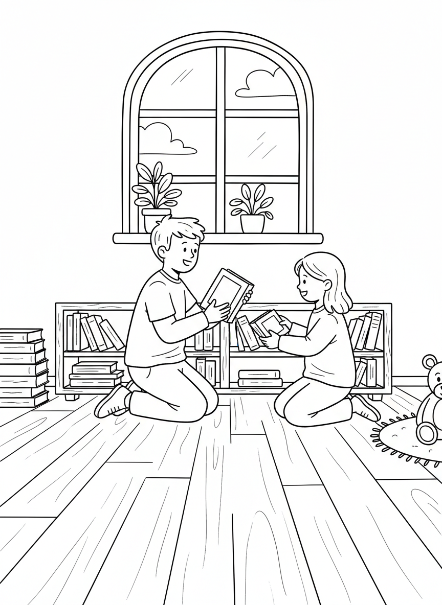 Two children working together to organize books on a low bookshelf, arranging them by size, friendly teamwork scene