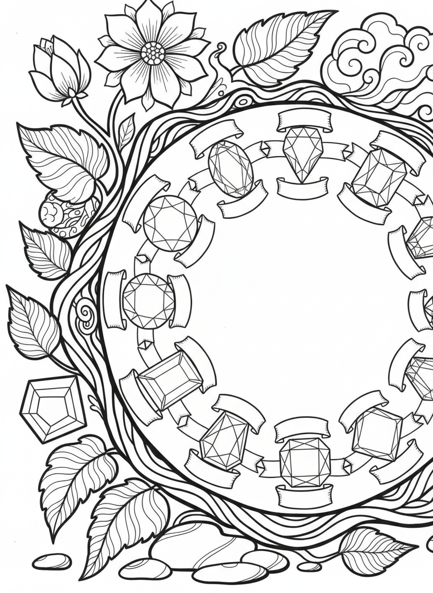 A simple birthstone chart showing twelve different gemstone shapes, each labeled with a month, arranged in a circular pattern.