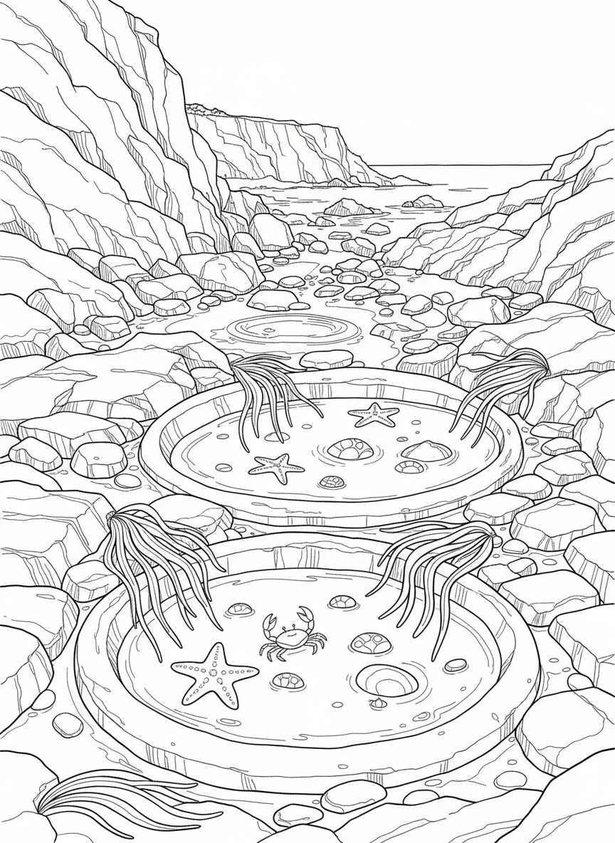 Rocky tide pool landscape at low tide showing exposed rocks, puddles with creatures, and seaweed draping over stones