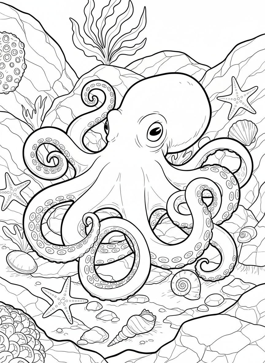 A small octopus hiding between tide pool rocks, with curled tentacles and large eyes, surrounded by sea stars and shells.