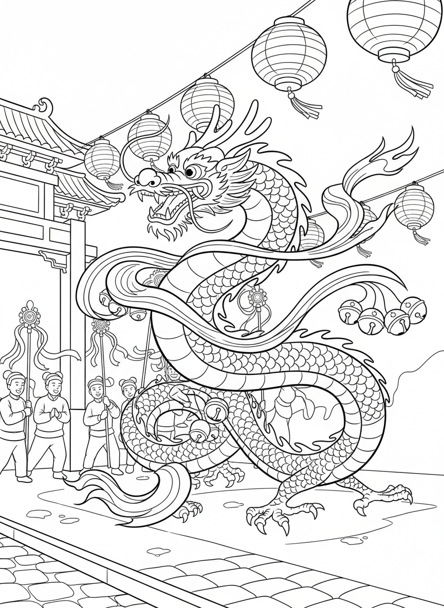 A festive dragon dancing with ribbons and bells, celebrating in a parade style scene with lanterns