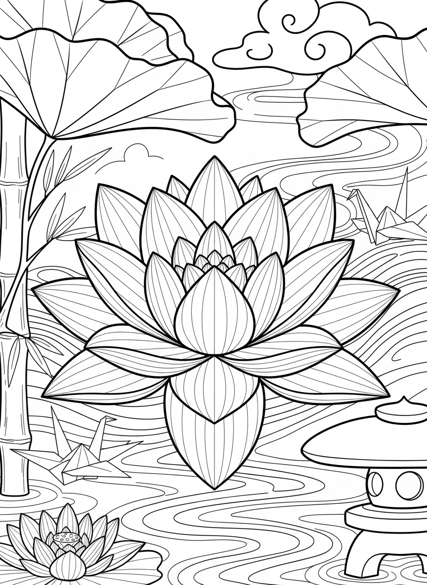 A beautiful origami lotus flower in full bloom, showing layered petals with clear fold marks and a symmetrical design from above.