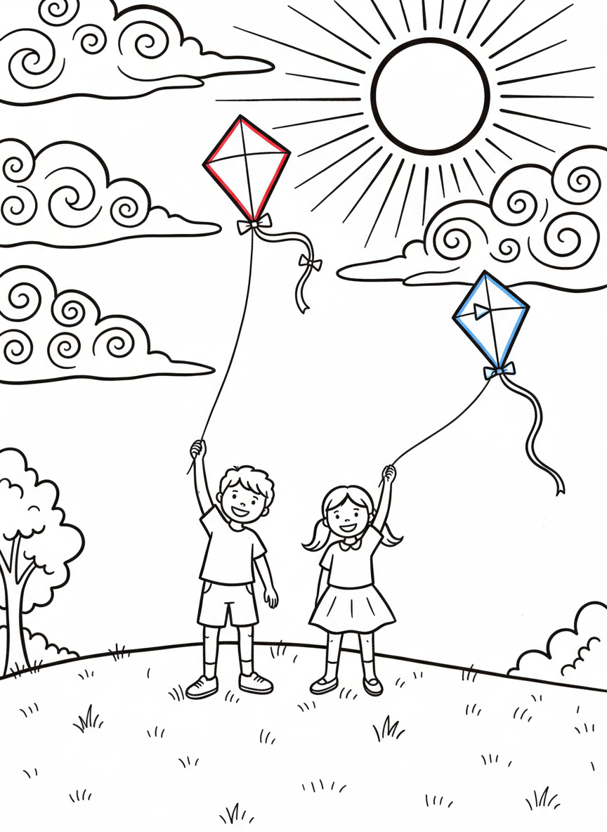 Two kids flying kites together on a hill with clouds and sun, kites soaring high in the sky.