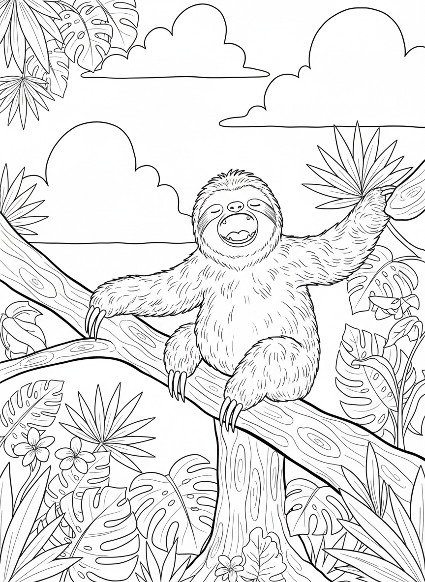 A sleepy sloth yawning on a branch at sunrise, with morning clouds and tropical plants creating a peaceful scene