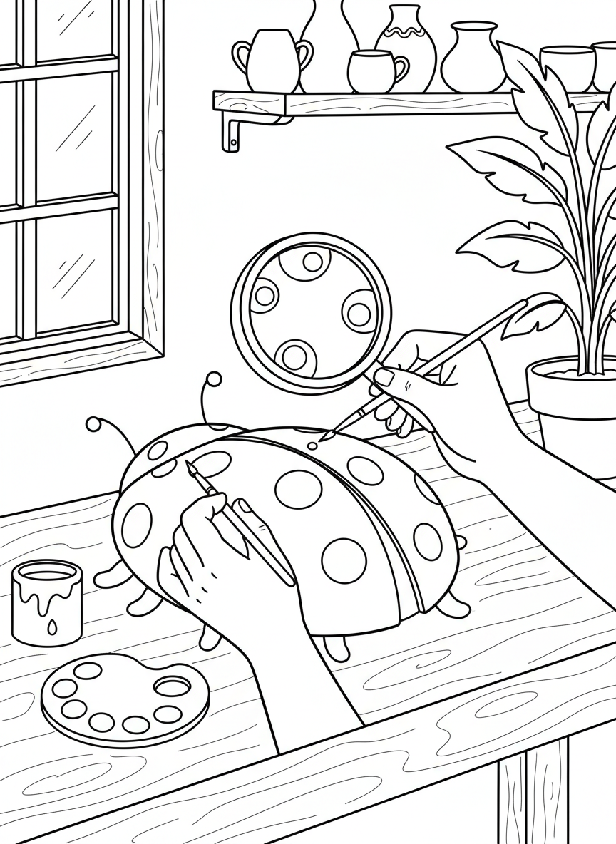 Close-up of hands carefully painting tiny details on a ceramic ladybug, with fine-tip brushes and magnifying glass nearby.