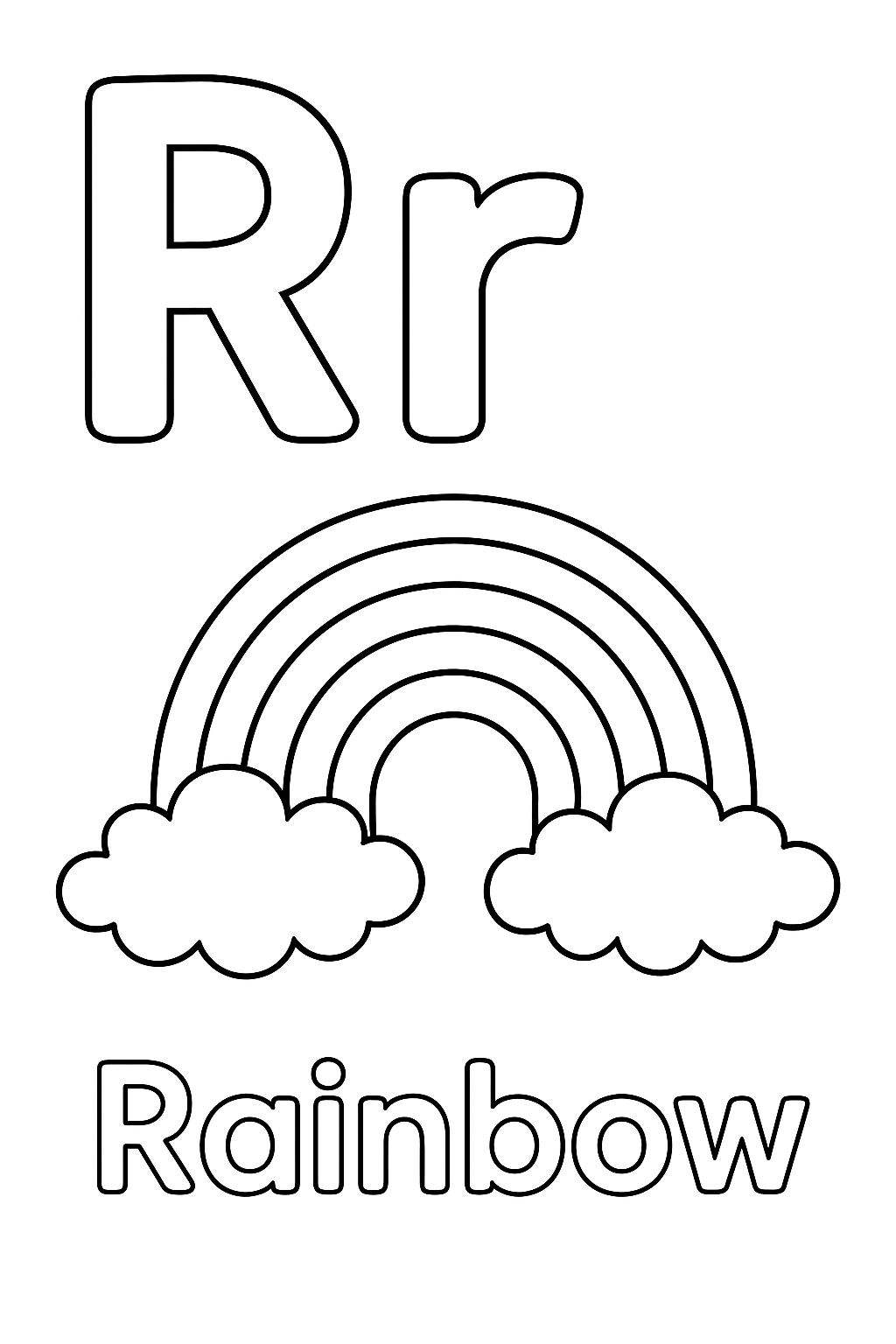 The uppercase letter “R” next to the lowercase letter “r”. With a rainbow image under the letters. Write out the object “Rainbow”.