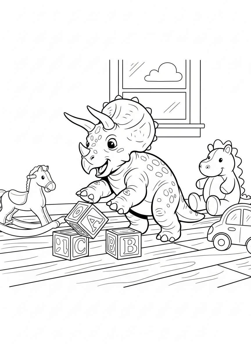 A baby Triceratops playing with alphabet blocks on a playroom floor, toys scattered around, simple and playful