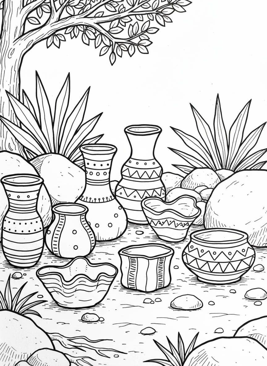 A collection of clay pinch pots in different shapes, some round and some with wavy edges and simple patterns.