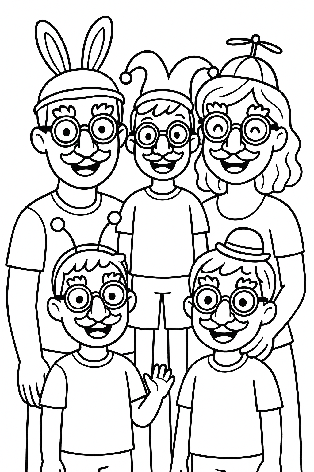 a family of 5 with 2 adults and 3 young boys. make them all happy and with funny disguises on. make sure there are only 5 total subjects