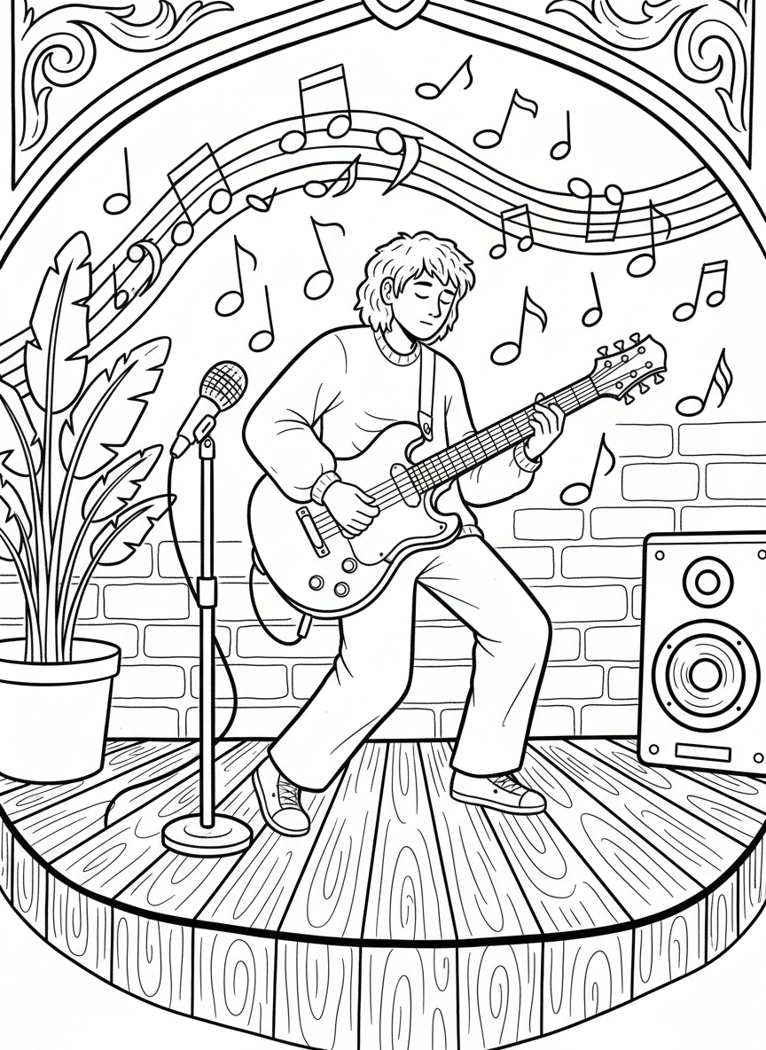A musician playing a guitar on a small stage, with musical notes floating around and a microphone stand beside them.