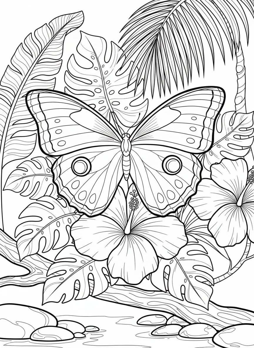 A blue morpho butterfly with large symmetrical wings spread wide, perched on a tropical hibiscus flower with broad leaves.