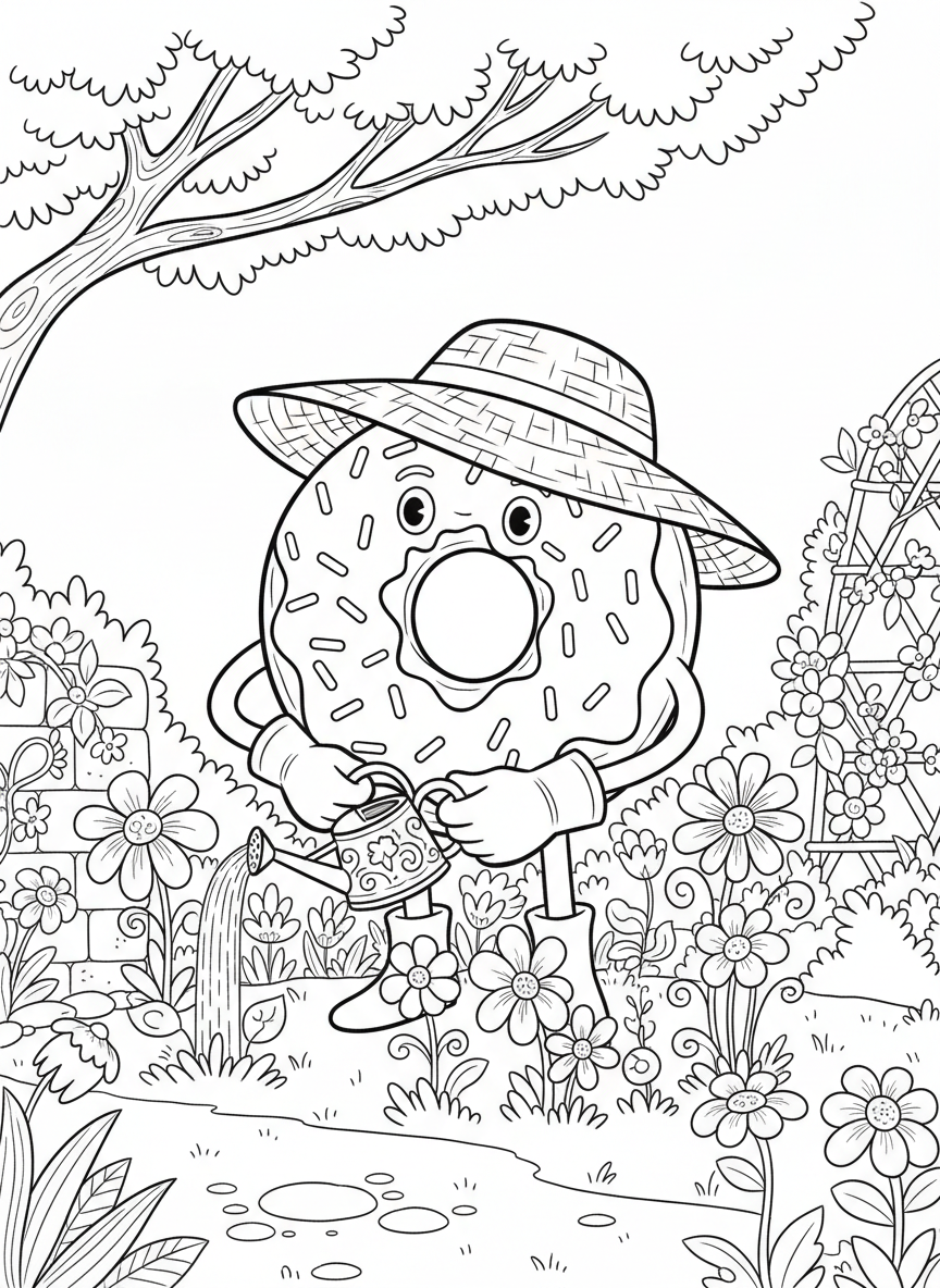 A donut gardener watering flowers with a tiny watering can, wearing a sun hat and surrounded by blooming plants