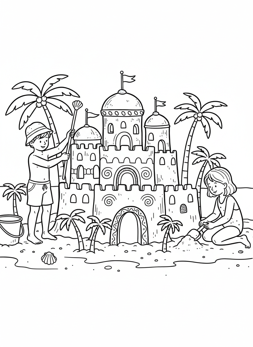 A boy and girl building a sand palace with domed towers, decorative patterns, and a garden of stick palm trees.