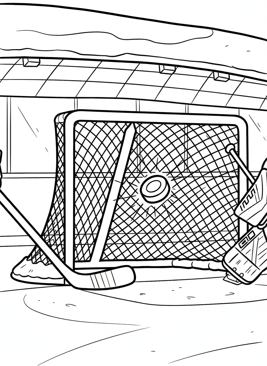 A hockey net with puck going in, showing the mesh netting detail and goal posts in a close-up action moment.