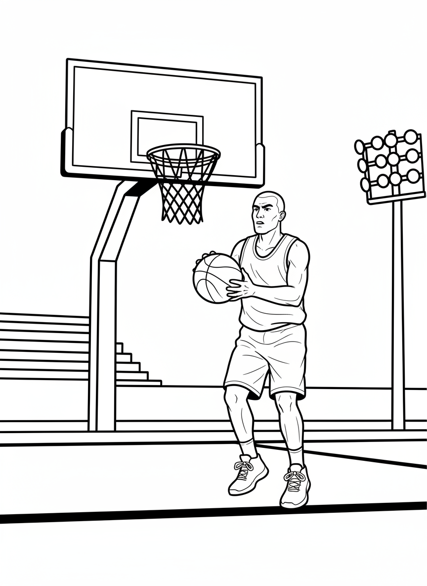 A basketball player shooting a free throw at the line, focused expression, with the hoop and backboard visible, simple composition.