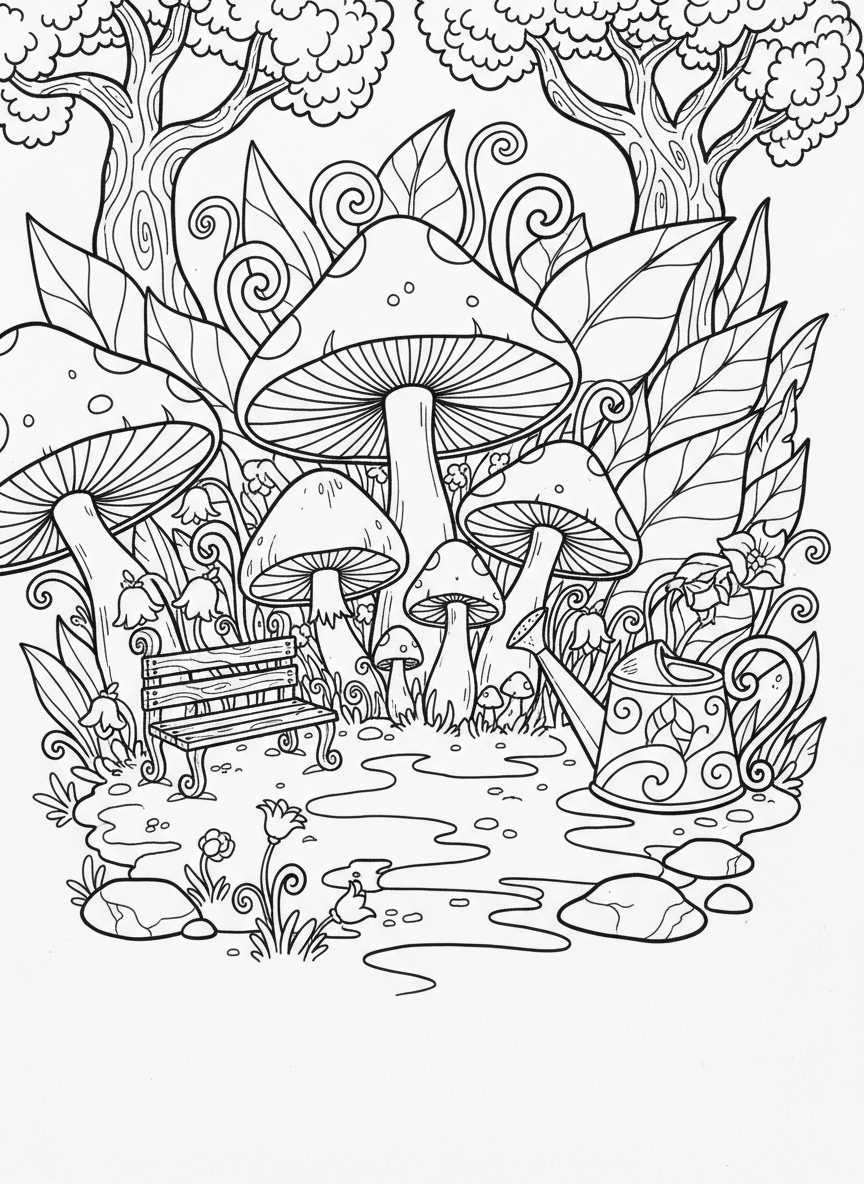 A whimsical fairy garden scene with mushrooms, small flowers, a tiny bench, and a decorative watering can.