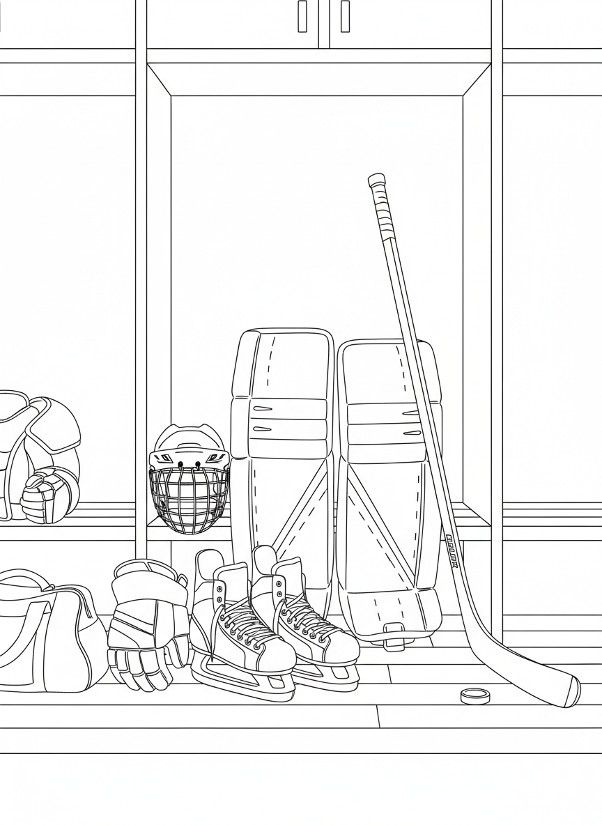 A hockey player's equipment laid out neatly: skates, helmet, gloves, stick, and pads arranged in an organized display.