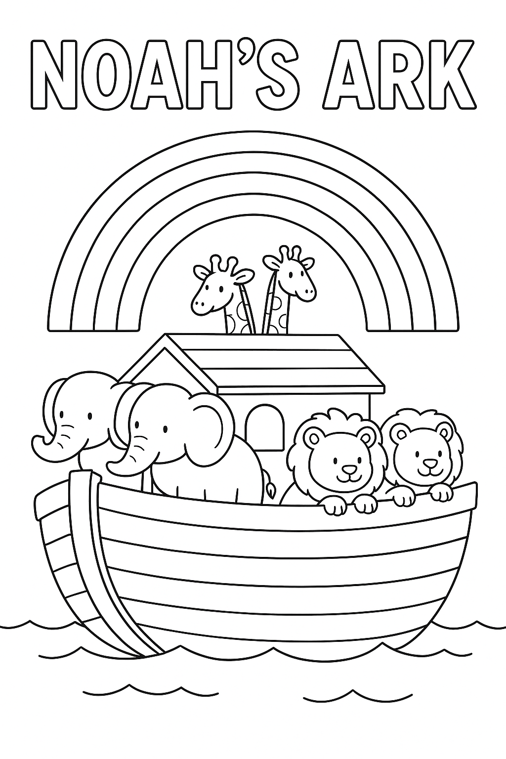 Show the ark on calm water with pairs of animals—elephants, giraffes, lions—looking out. A rainbow arches above, outlined only, no shading.