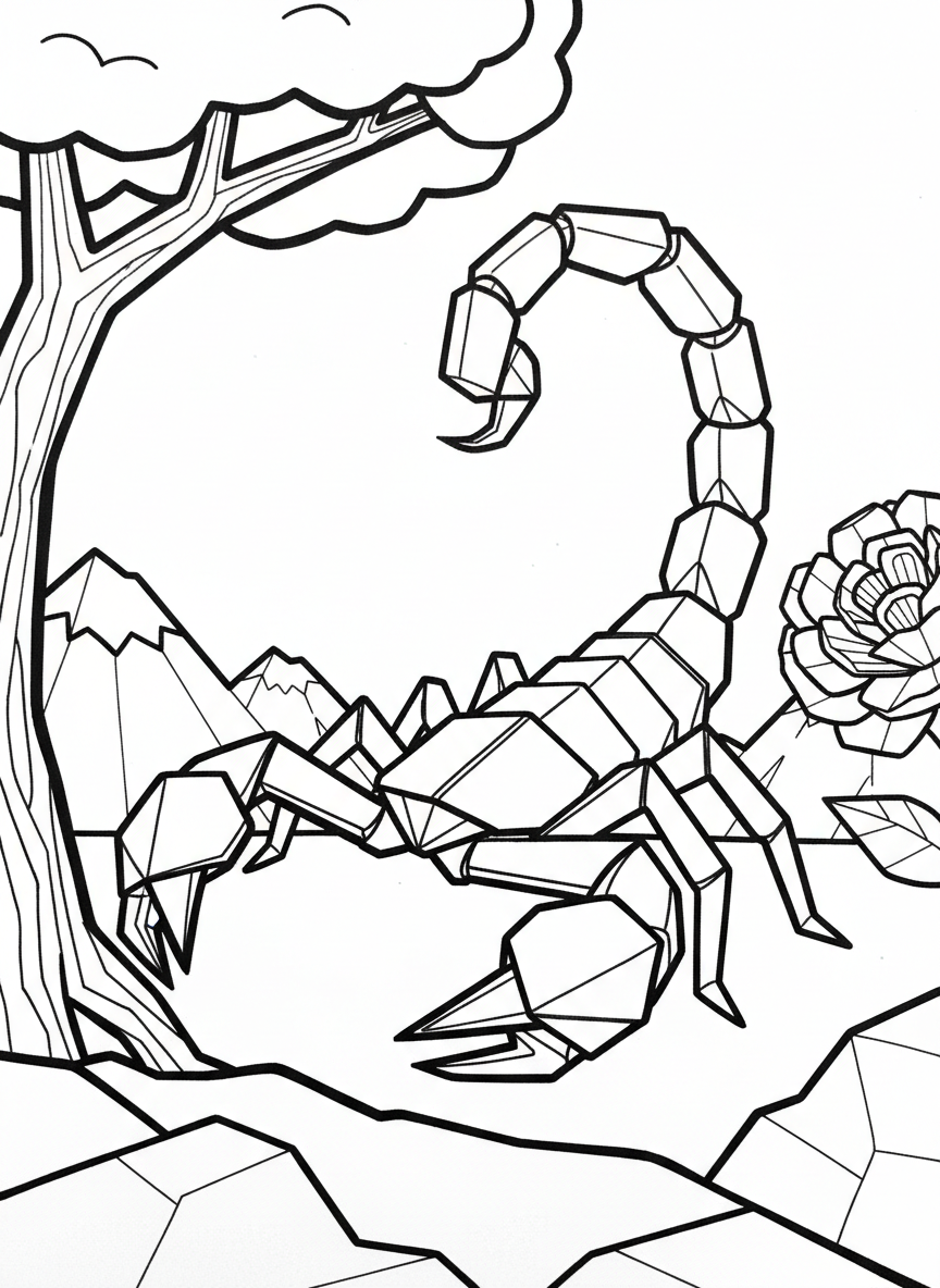An origami scorpion with segmented tail curled upward, folded pincers, and angular body showing crisp paper creases