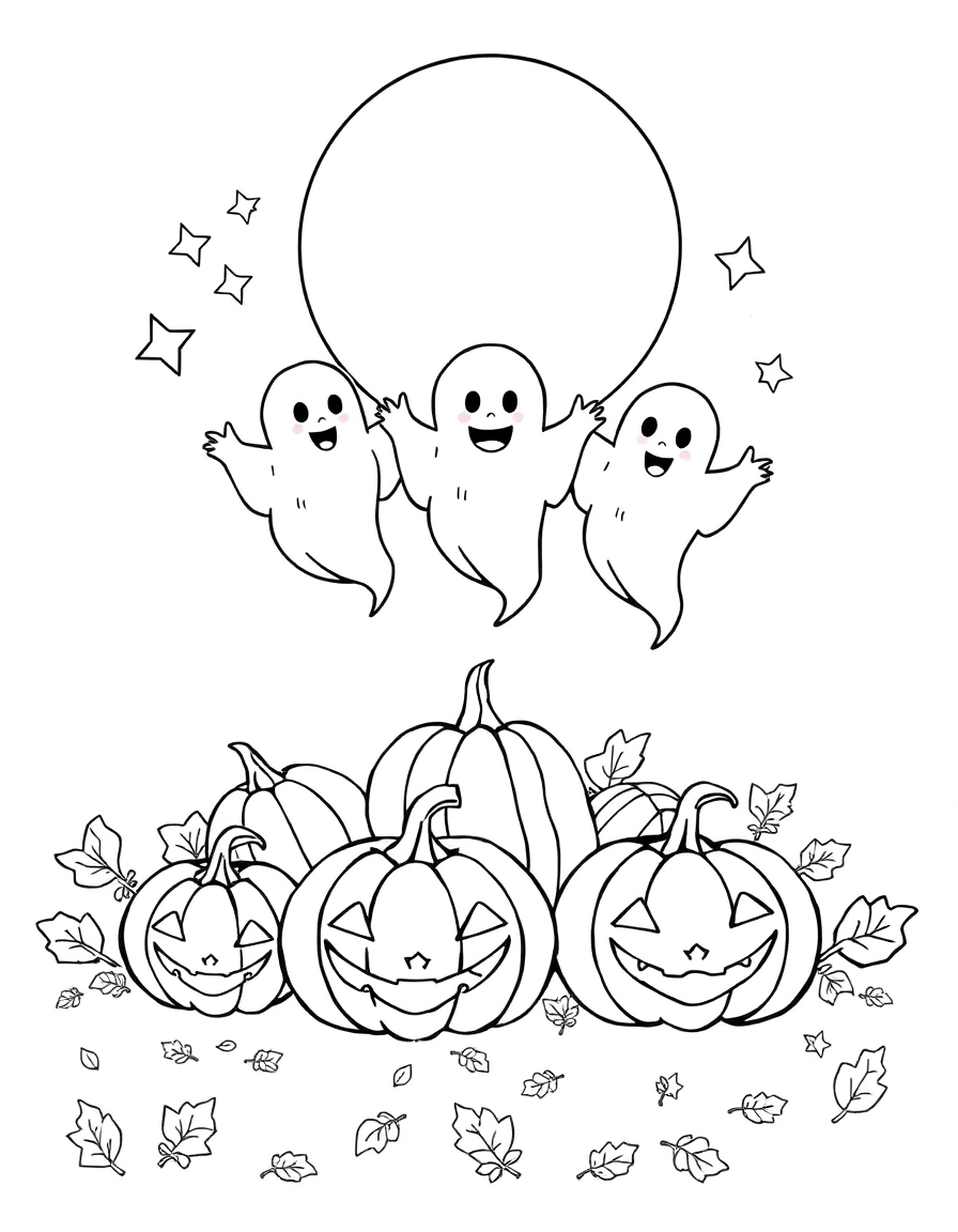 Three friendly ghosts float over a patch of pumpkins under a large moon. Add twinkling stars, smiling jack-o’-lanterns, and scattered autumn leaves.