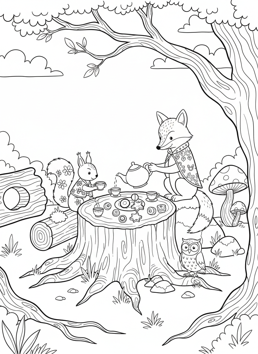 A group of woodland animals having a tea party at a tree stump table with tiny cups, teapot, and treats