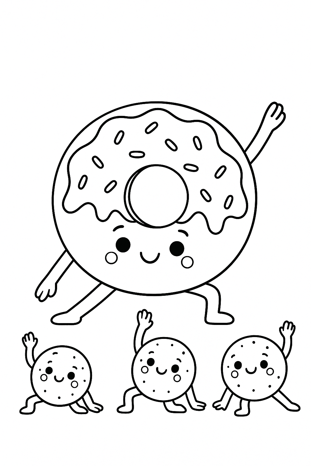A donut doing yoga with donut holes trying to copy the pose.