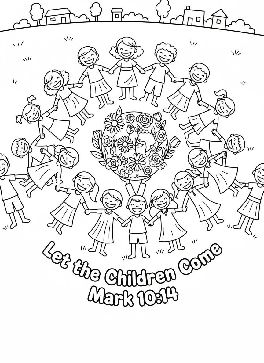 Children holding hands in a circle around a globe with flowers, featuring 'Let the Children Come Mark 10:14' in playful letters