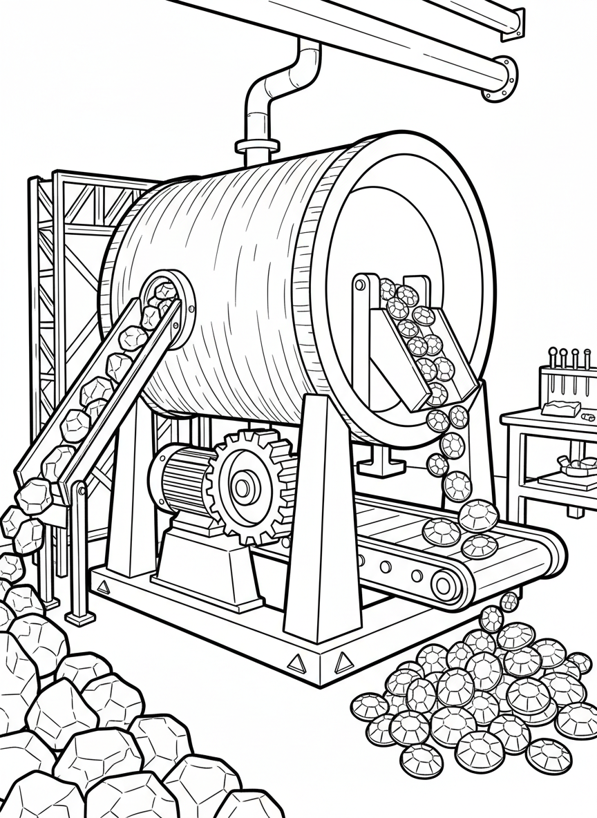 A rock tumbler machine with rough stones going in one side and polished gemstones coming out the other, simple mechanical details.