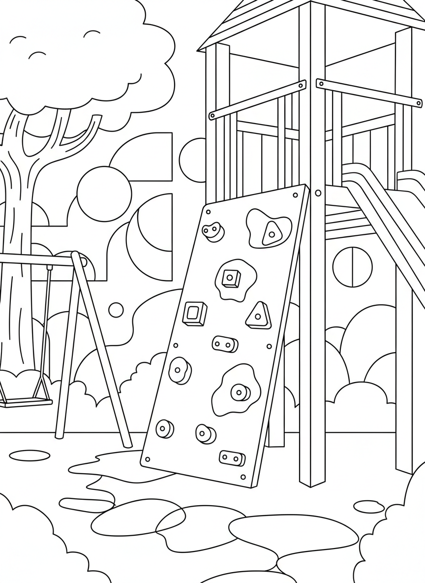A climbing wall with hand grips and foot holds on a playground structure, simple geometric pattern