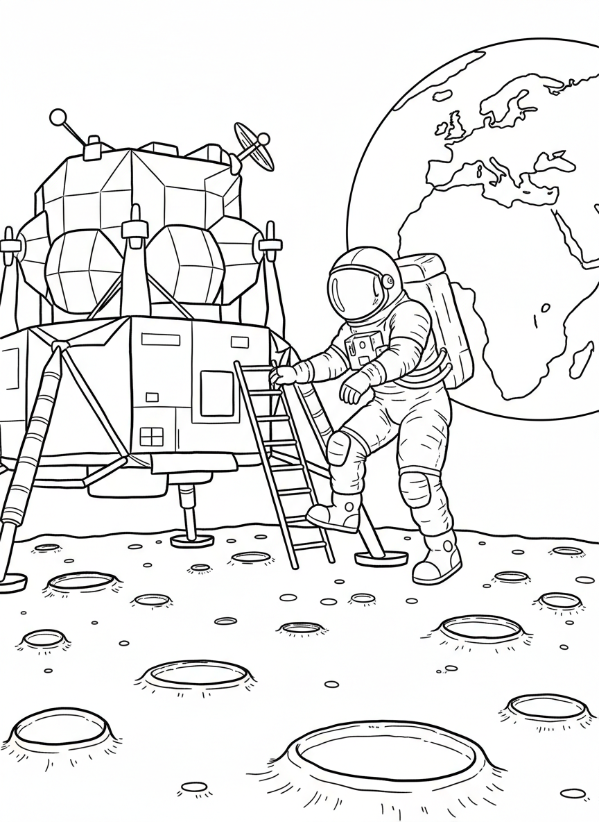 An astronaut climbing down a ladder from a lunar landing module onto the moon surface, historic moment style