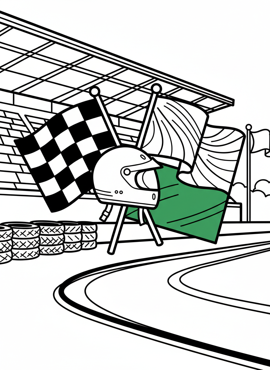 Simple scene of racing flags including checkered, yellow caution, and green start flags crossed together with a racing helmet below.